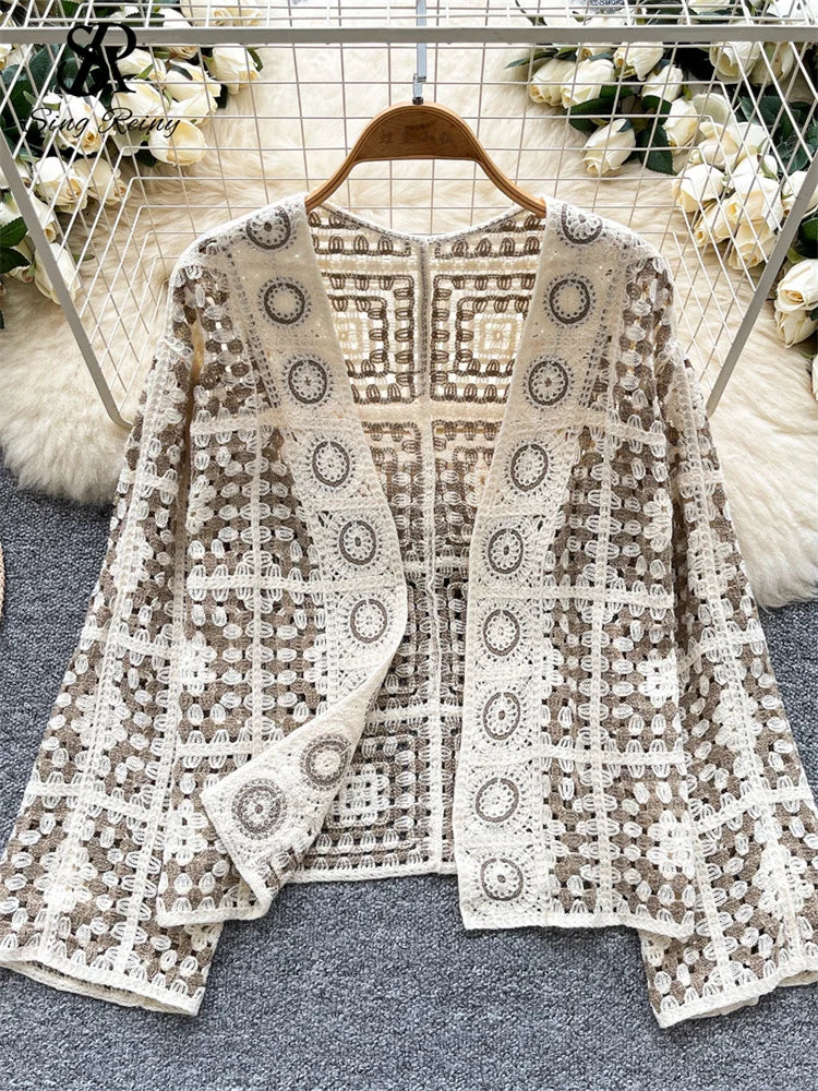 Vintage Boho Loose Plaid Cardigans Female Long Sleeves Hook Flower Hollow Tops 2025 Vacation Sunscreen Casual Shirt