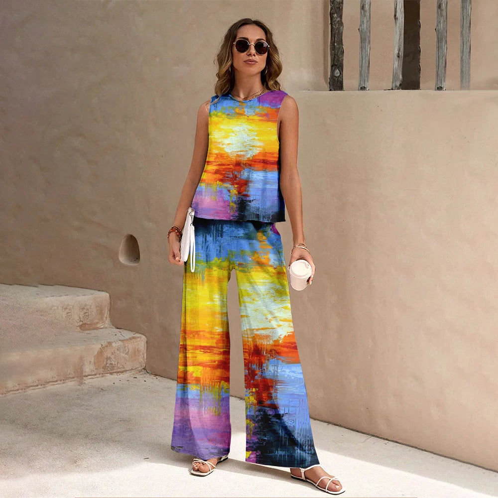 Harajuku Colorful Floral Pattern Print 2 Piece Womens Elegant O Neck Pullover And Straight Leg Pants Set Spring Summer Beach Set