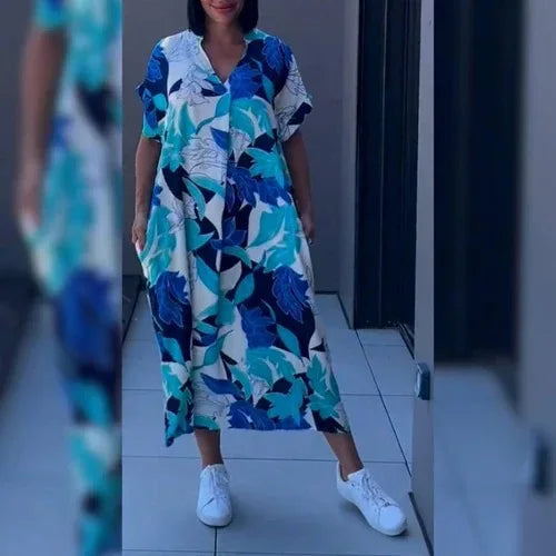 Women's Short-sleeve New V-neck Print Casual Dress Summer Fashion Elegant Office Party Holiday Women Clothes Dresses Robe Femme