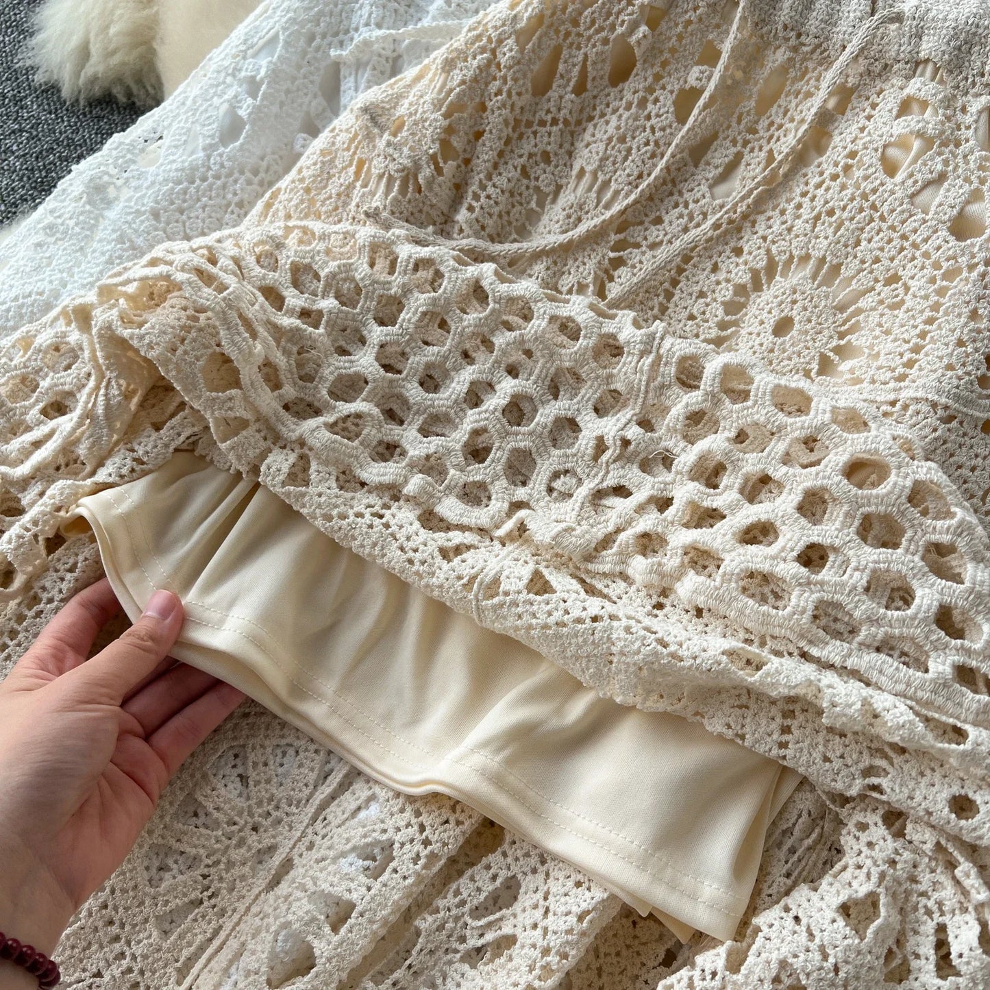 Cotton Floral Crochet Knitted Lace Skirt For Women Vintage Hollow Out Elastic Waist Skirts Summer Holiday Long  Boho Beach Falda