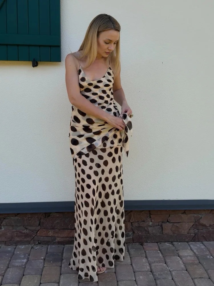 Elegant Animal Print Maxi Dress Detachable Scarf Spaghetti Strap Tie Waist Slim Fit Skirt Women Summer Party Vacation Outfit New