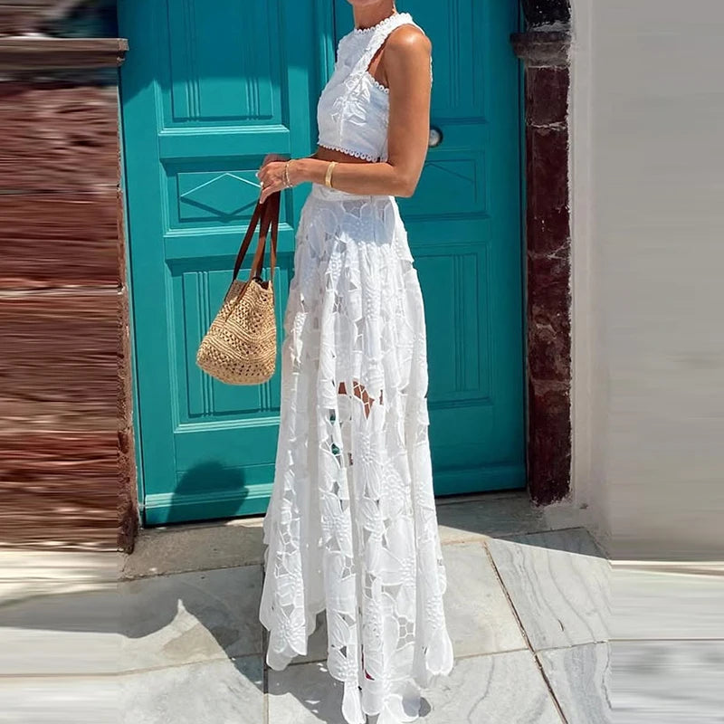 Spring Summer Holiday Boho Outfit Women Sexy O Neck Sleeveless Crop Top & Maxi Skirts Set 2025 Fashion Embroidery Lace 2pcs Suit