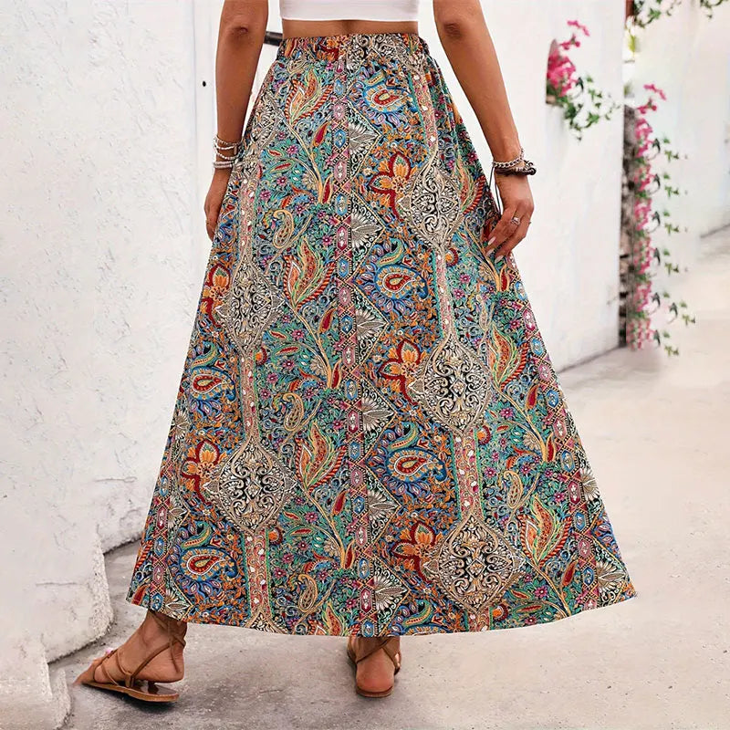 Bohemian Boho Retro Floral Print Skirts Women Indie Folk Summer High Waist A-Line Pleated Long Skirts Casual Holiday Beach Skirt