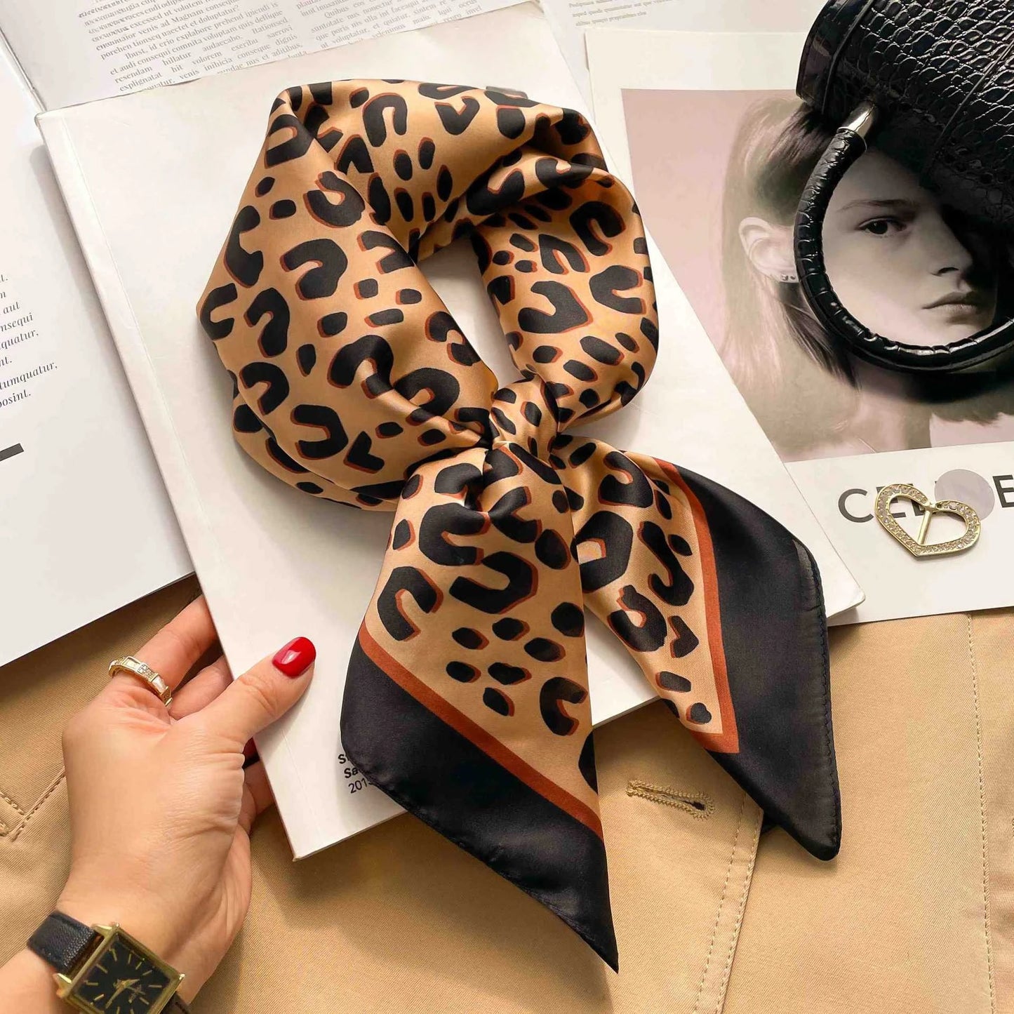 70cm Leopard Print Silk Square Scarf for Women Satin Shawl Fashion Wraps Neckerchief Female Hair Bands Ribbon Headband Bandana