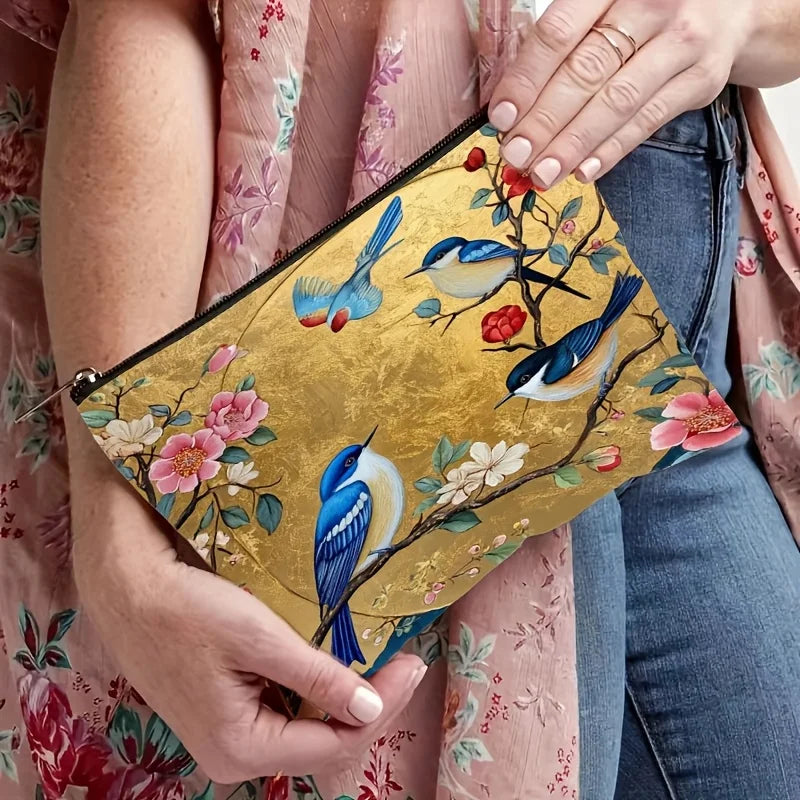 Lightweight, Foldable Floral Bird Pattern Fabric Makeup Bag | Zippered Cosmetic Pouch with Golden Background Design