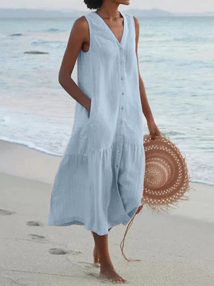 Summer Loose Casual Patchwork Cotton Linen Pocktes Dress V Neck Beach Style Dress Sleeveless Vintage Club Midi Solid Women Dress