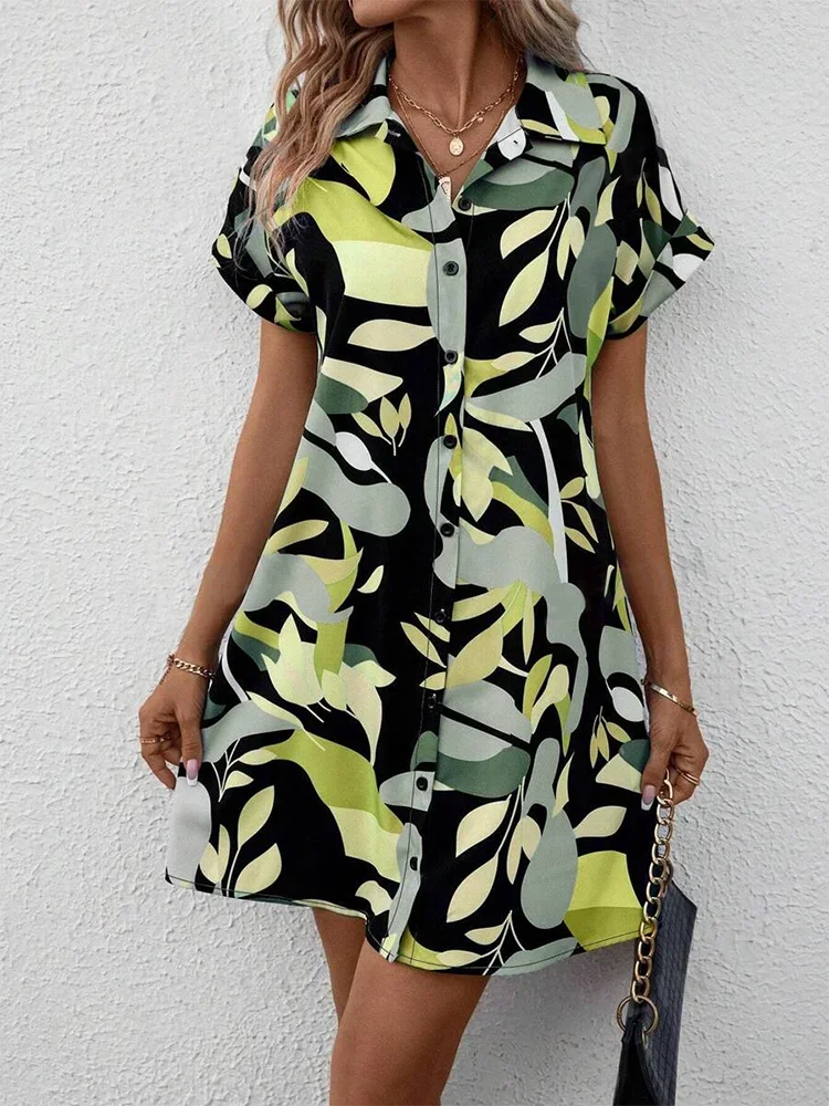 New Summer Everyday Casual Women's Short Sleeve Shirt Dress  Sweet Fashion Single-breasted Dress Floral Print Elegant Dress