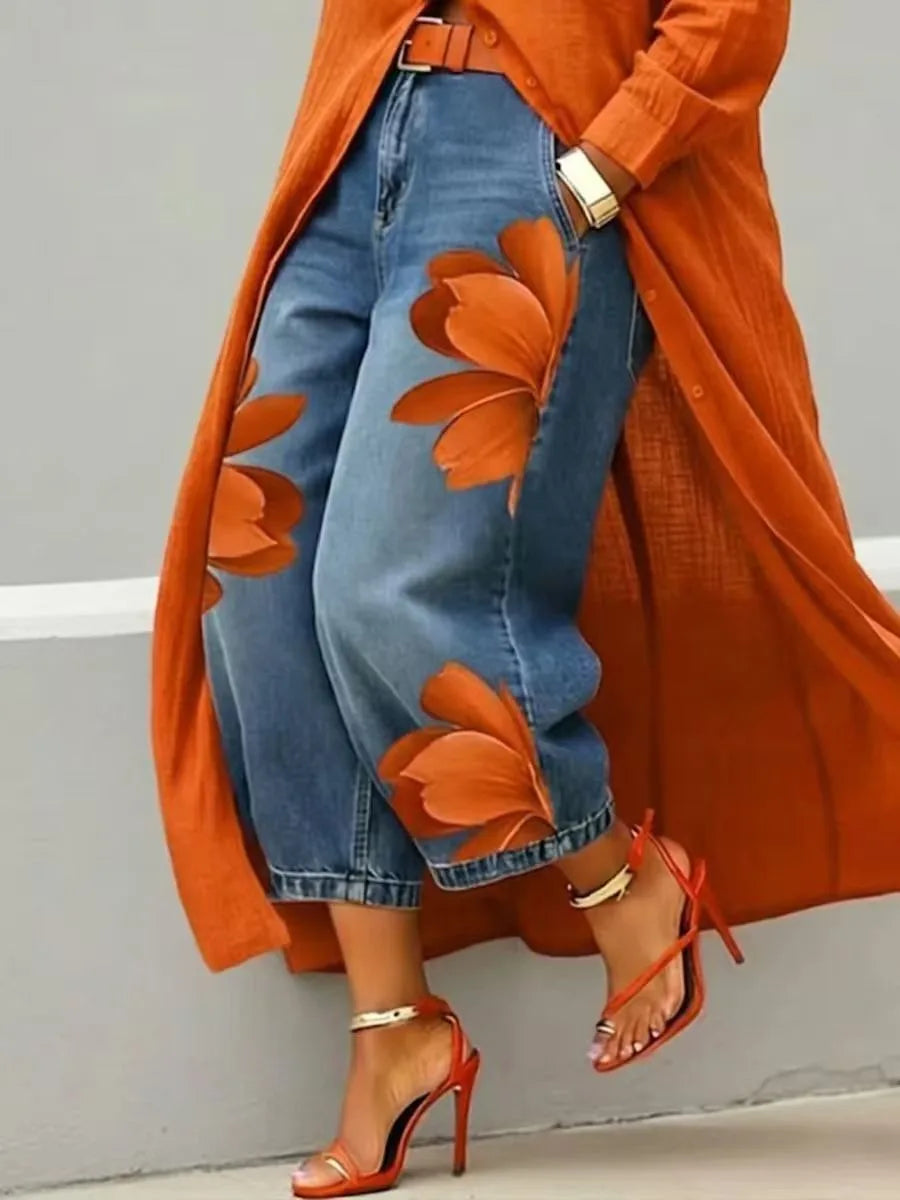 Streetwear Women's Floral Print High Waist Jeans Loose Fit Cropped Wide Leg Denim Pants Casual Trendy Plus Size Trousers