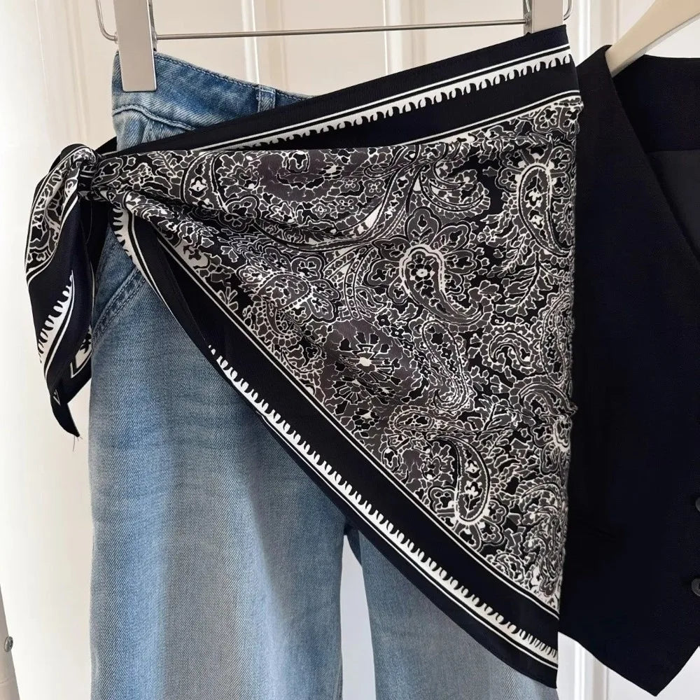 New Multi-functional Floral Triangle Scarf Matching Pants Silk Satin Waist Belt Women's Necktie Summer