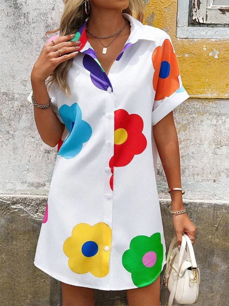 New Summer Everyday Casual Women's Short Sleeve Shirt Dress  Sweet Fashion Single-breasted Dress Floral Print Elegant Dress