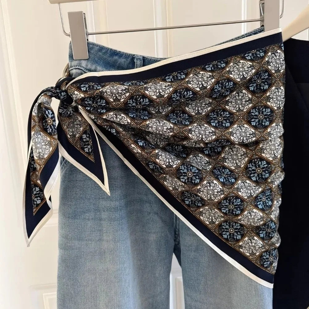 New Multi-functional Floral Triangle Scarf Matching Pants Silk Satin Waist Belt Women's Necktie Summer