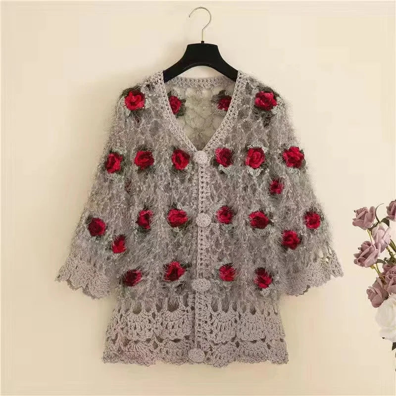 Three-Dimensional Flower Openwork Crocheted Sweater Cardigan Women's Spring And Autumn New Heavy Industry Joker Sweater 3XL Coat