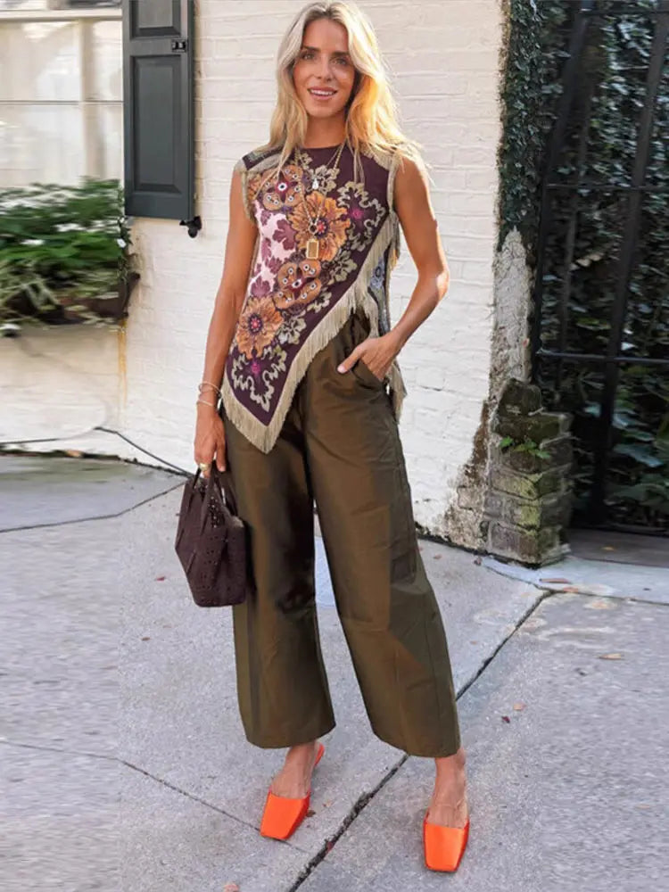 Fashion Floral Print Top With Fringe Trim For Women Vintage O-neck Sleeveless Asymmetric Hem Satin Blouse Lady 2026 Chic Tops