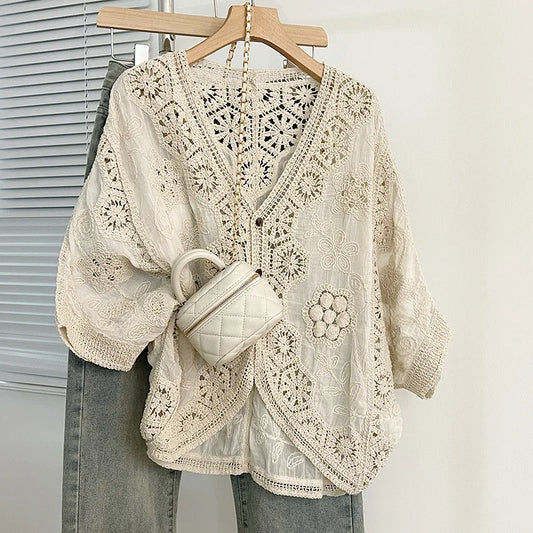 Boho Crochet Cardigan - Romantic Floral & Geometric Lace Cover-Up For Vacation & Daily Wear | Lightweight V-Neck Button-Up Knit
