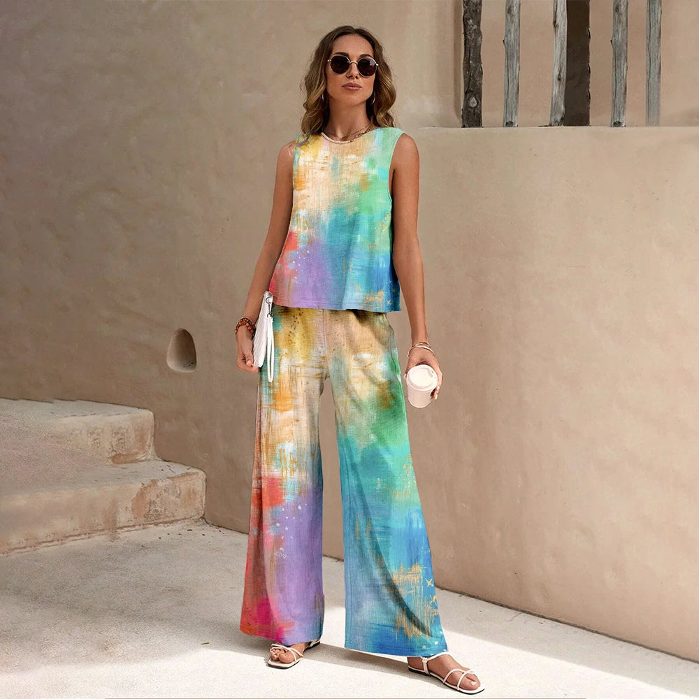 Harajuku Colorful Floral Pattern Print 2 Piece Womens Elegant O Neck Pullover And Straight Leg Pants Set Spring Summer Beach Set