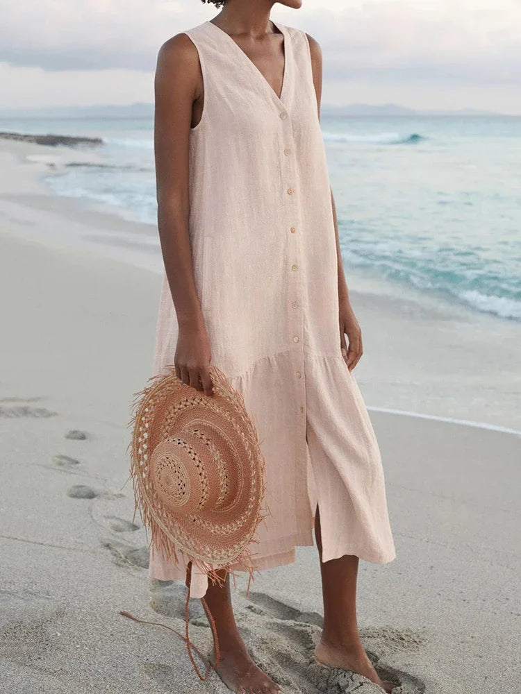 Summer Loose Casual Patchwork Cotton Linen Pocktes Dress V Neck Beach Style Dress Sleeveless Vintage Club Midi Solid Women Dress