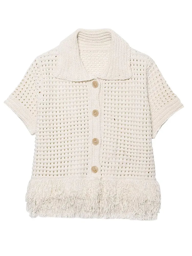 Women Crochet Hollow Out Top Shorts Set Fashion Round Neck Cardigan Crop Tops 2 Piece Sets Summer Lady Y2k Beach Party Outfit