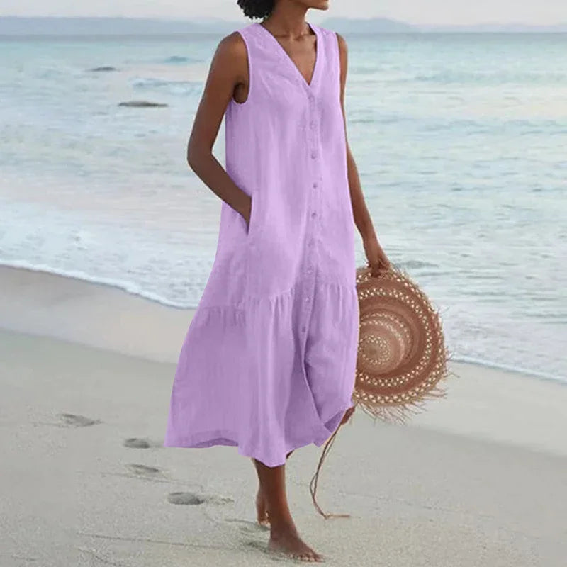 Summer Loose Casual Patchwork Cotton Linen Pocktes Dress V Neck Beach Style Dress Sleeveless Vintage Club Midi Solid Women Dress