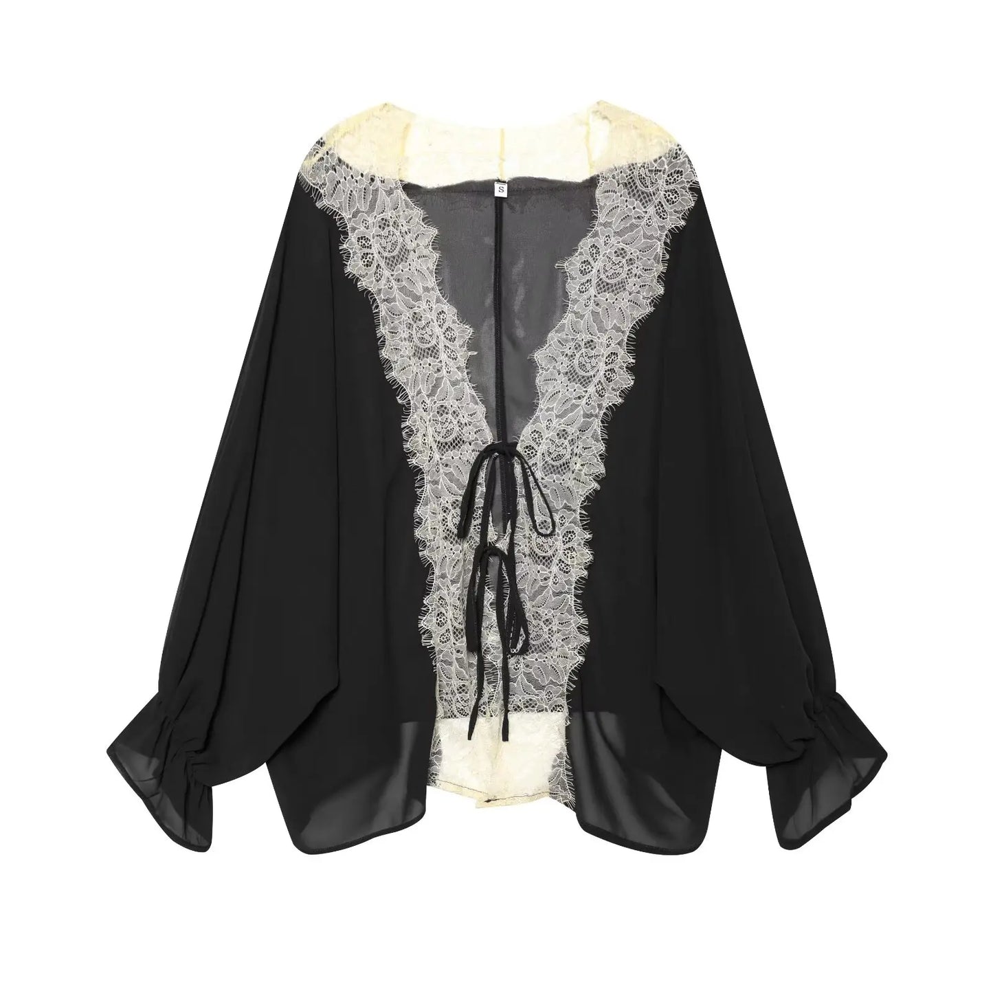 Women Lace Patchwork Lantern Long Sleeve Shirt Top Tie-up Loose Sheer Blouse Elegant Irregular High Street Fashion Lady