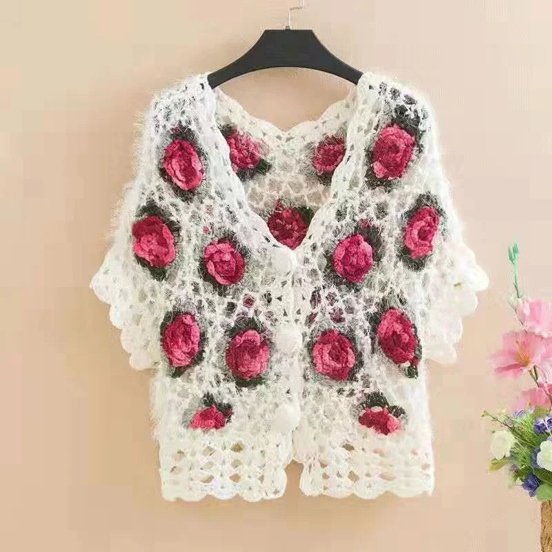 Three-Dimensional Flower Openwork Crocheted Sweater Cardigan Women's Spring And Autumn New Heavy Industry Joker Sweater 3XL Coat