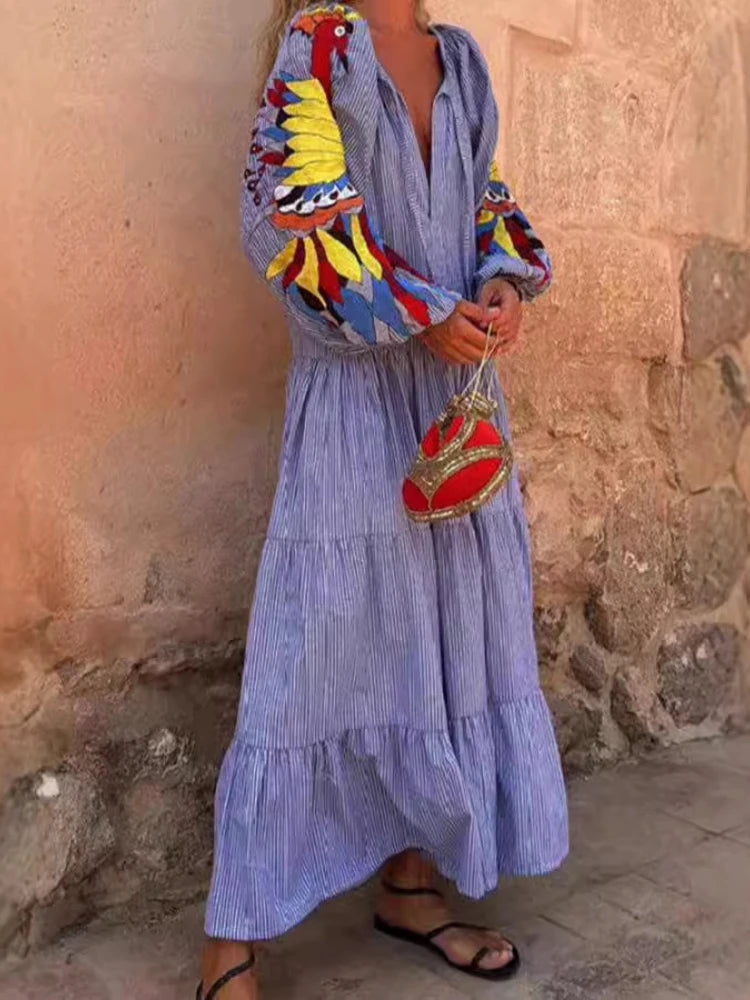 2024 Autumn Fashion New Women's Loose Long Sleeve Striped Splicing V-neck Lantern Sleeve Printed Loose Long Dress