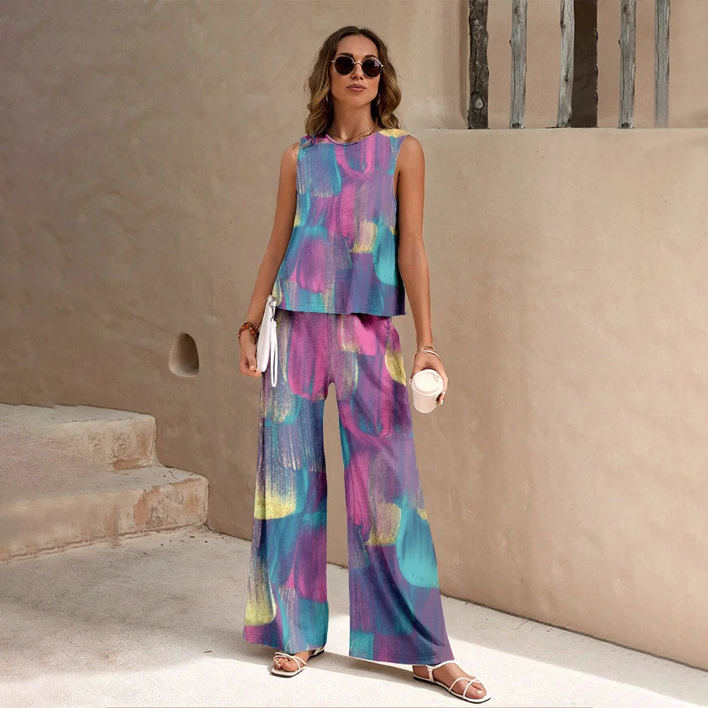 Harajuku Colorful Floral Pattern Print 2 Piece Womens Elegant O Neck Pullover And Straight Leg Pants Set Spring Summer Beach Set