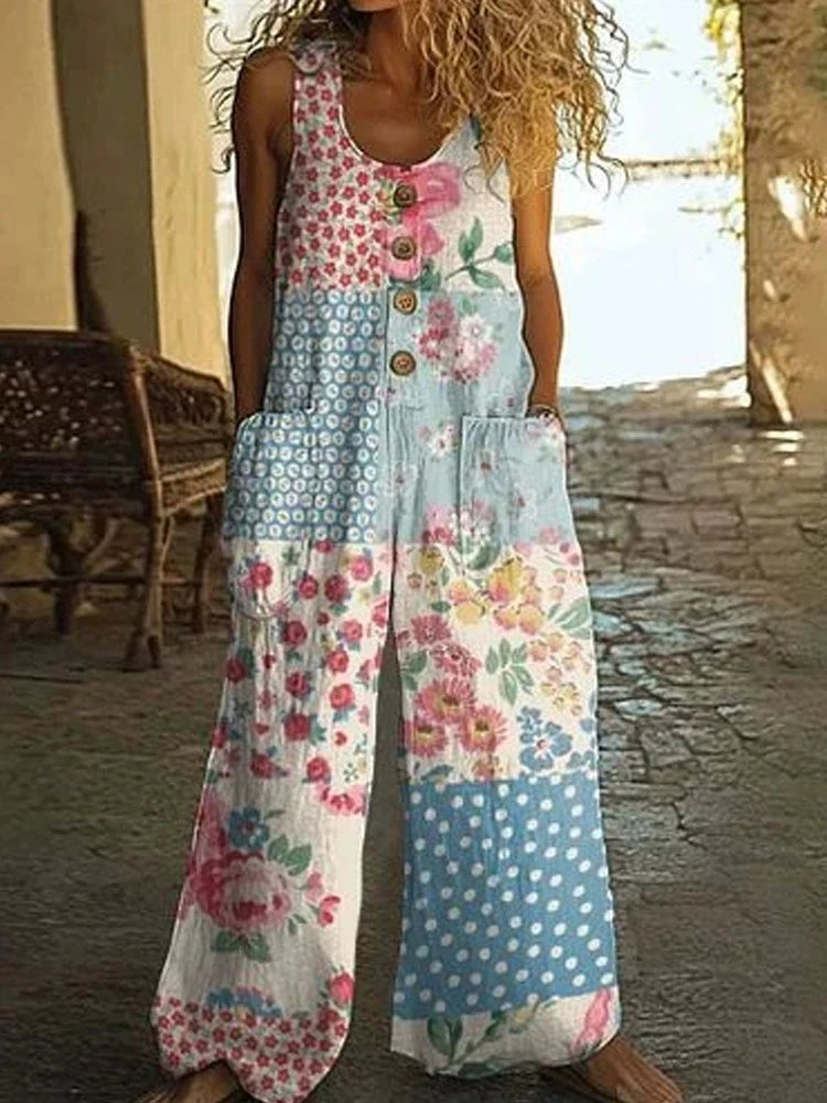 Vintage Print Buttons Sleeveless Jumpsuits Women Summer New Fashion Temperament Loose Wide Legs Jumpsuit Lady Commuting Clothing