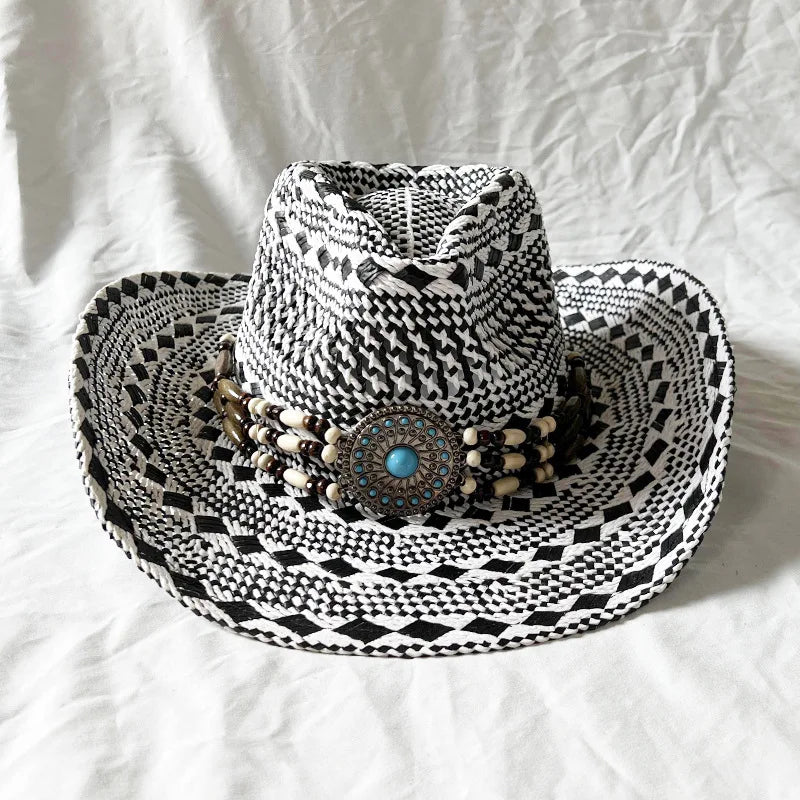 Handmade Color Matching Sun Hat Characteristic Ethnic Style Western Cowboy Straw Hat Black and White Two-color Woven Beach Hat