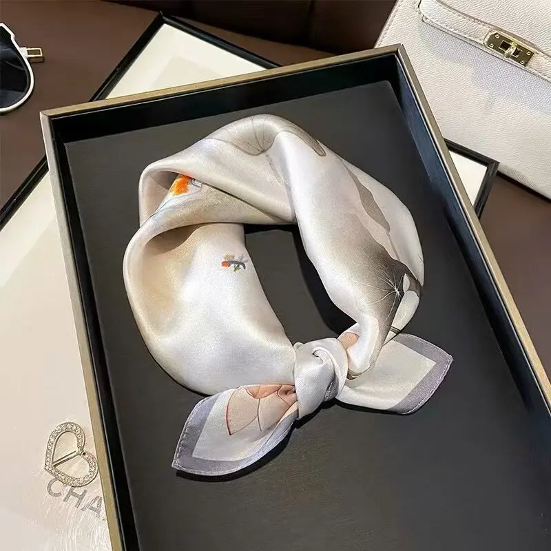 2025 New 100% Pure Silk Scarf Women Neck Hair Foulard Bandana Square Small Headband Hijab Print Poncho Scarves Pashmina