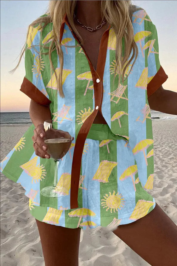 Fashion Print Beach Holiday 2-Piece Set Women Summer Short Sleeve Shirt Top + Wide Legs Short Women's Oversized Two-Piece Outfit