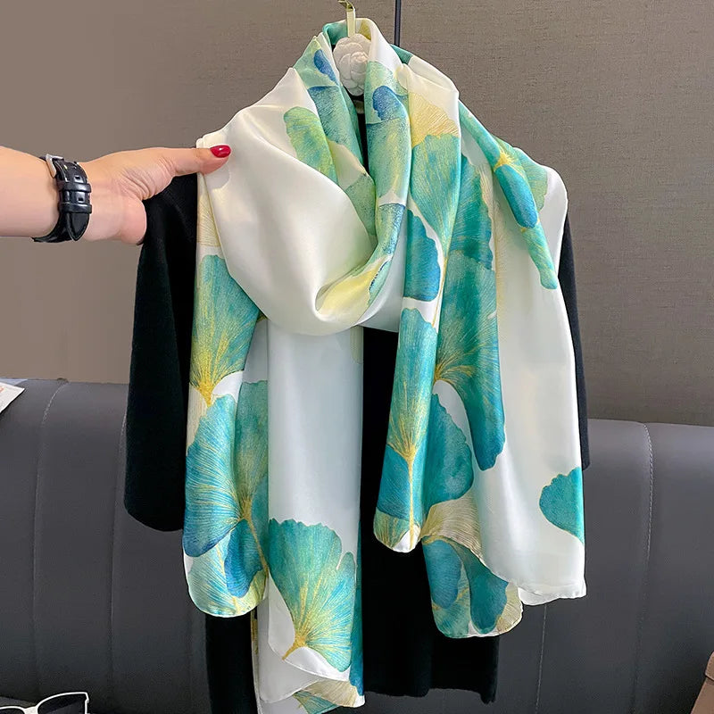 Green Peacock Feather Hijab Summer Beach Pareo Silk Scarf Women Luxury Bandana Soft Long Foulard Femme Designer Bufandas Mujer