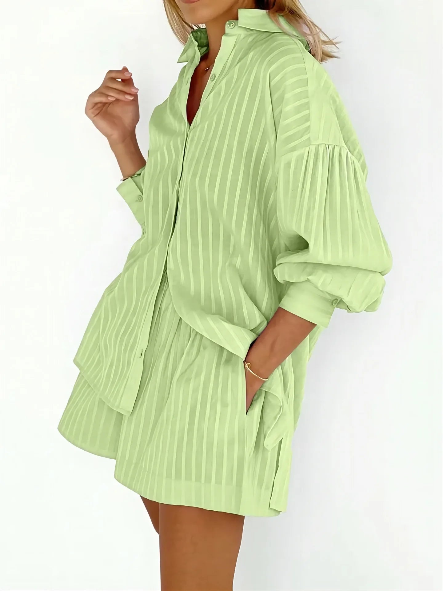 2024 Spring Summer Solid Cotton Short Two Piece Set Women Stripe Long Sleeve Shirts Shorts 2 Piece Sets Simple Style Lady Suit