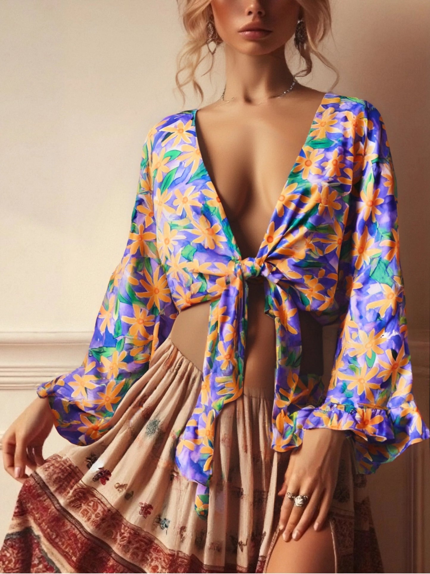 Boho Queens Sun Flower Beach Summer Short Kimono Women 2025 Ruffles Flare Sleeves Vacation Bohemian Bikini Cover-ups