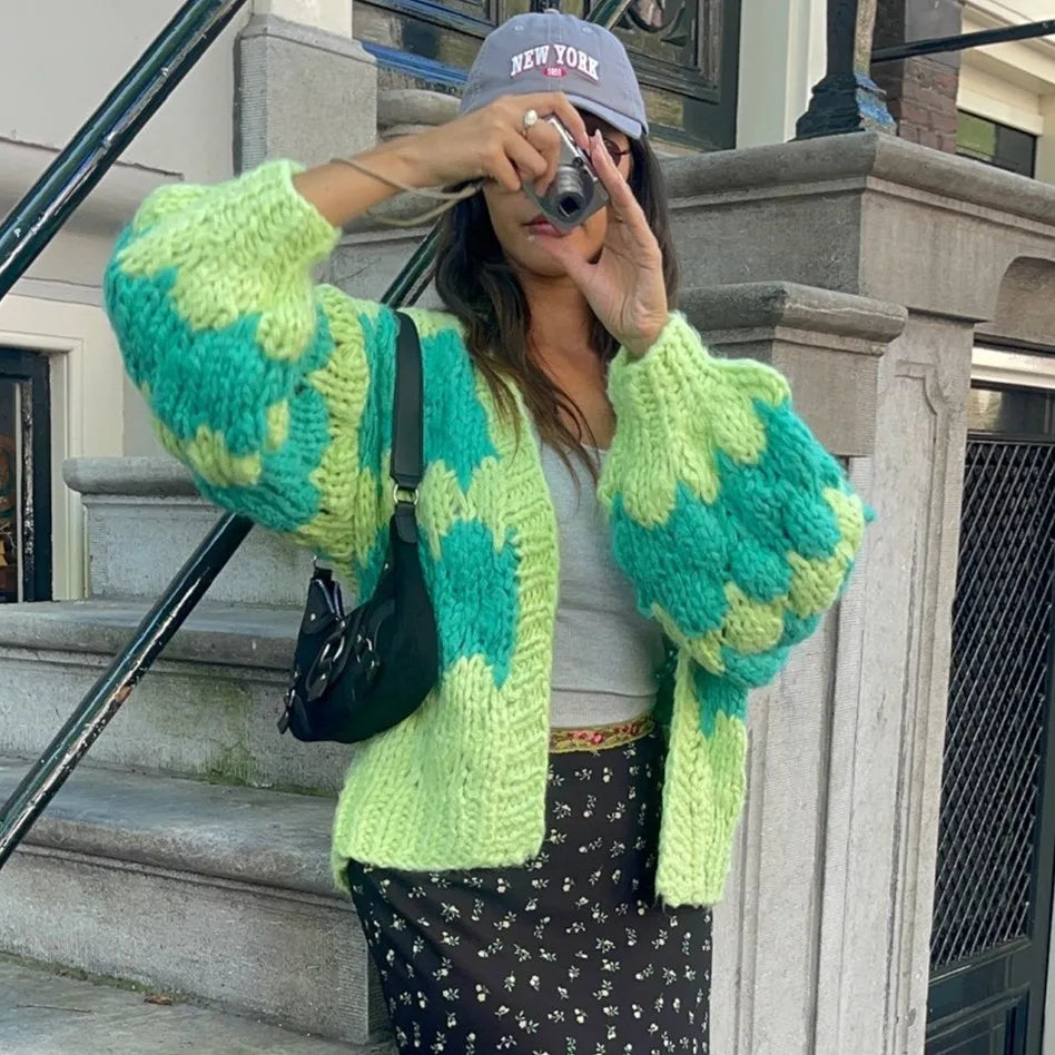 Vintage Lantern Sleeves Knitted Sweater Stripe Pattern Cropped Cardigans Aesthetic Y2k Knitwear Coat Women Autumn Outwear