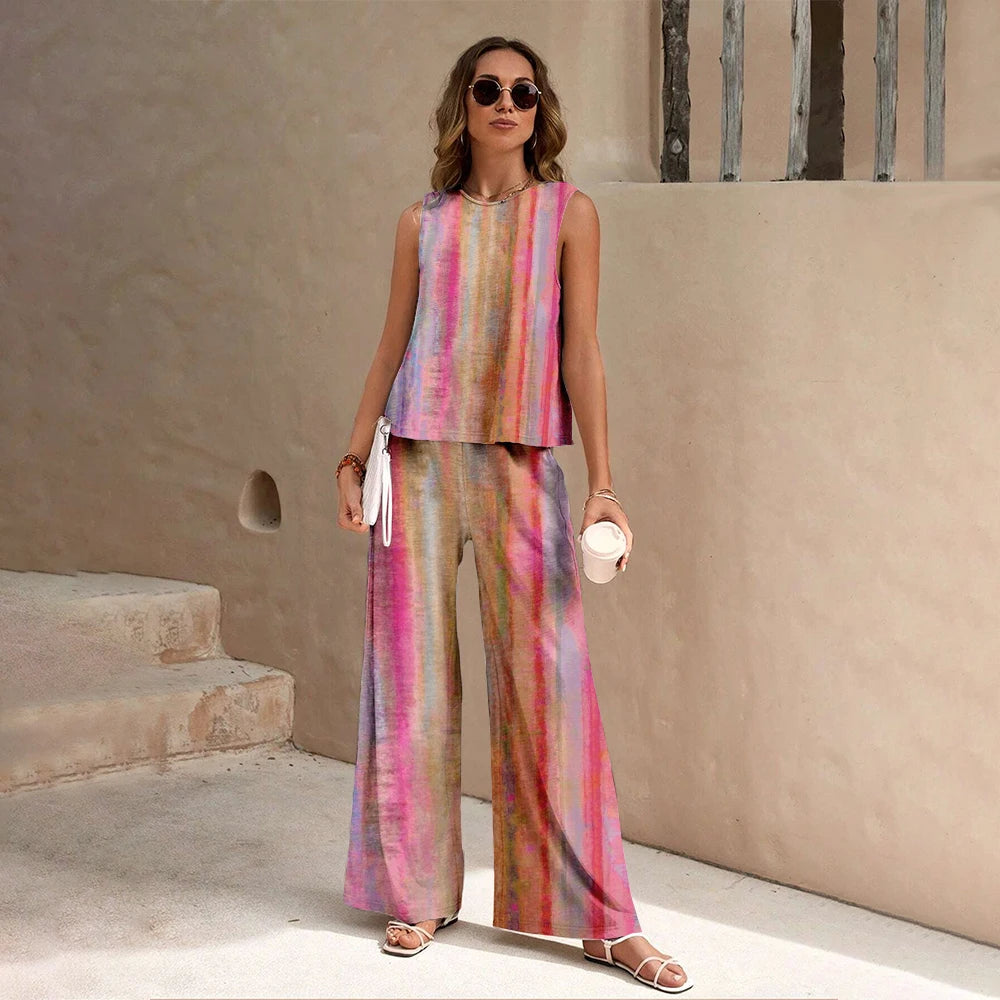 Harajuku Colorful Floral Pattern Print 2 Piece Womens Elegant O Neck Pullover And Straight Leg Pants Set Spring Summer Beach Set