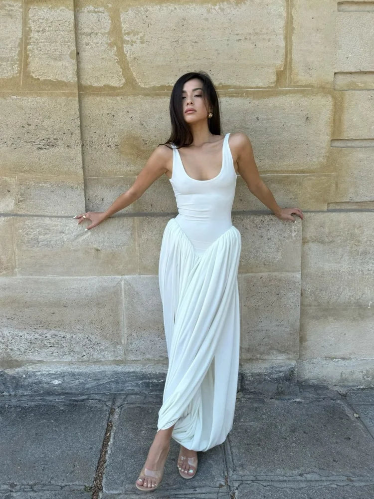 Women Sleeveless High Waist Split Sling Dresses White Elegant U Neck Irregular Pleated Midi Dress Lady Summer Highstreet Robes