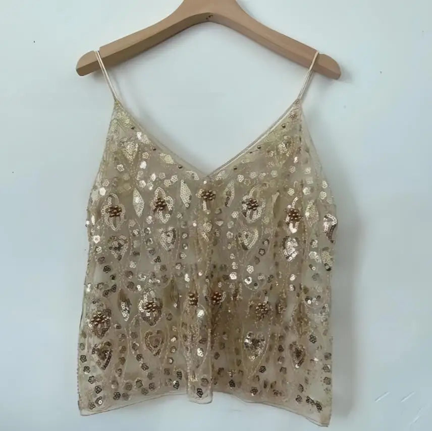 Puloru Trendy Sequins Beads Flower Pattern Vests Women's Sleeveless Open Back V Neck Camisoles See-Through Chic Summer Camis