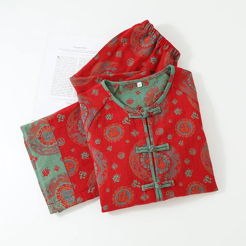 National Style Cotton Double-layer Gauze Women's Pajamas Set for New Year Red Plate Buckle Festival Style Home Clothes