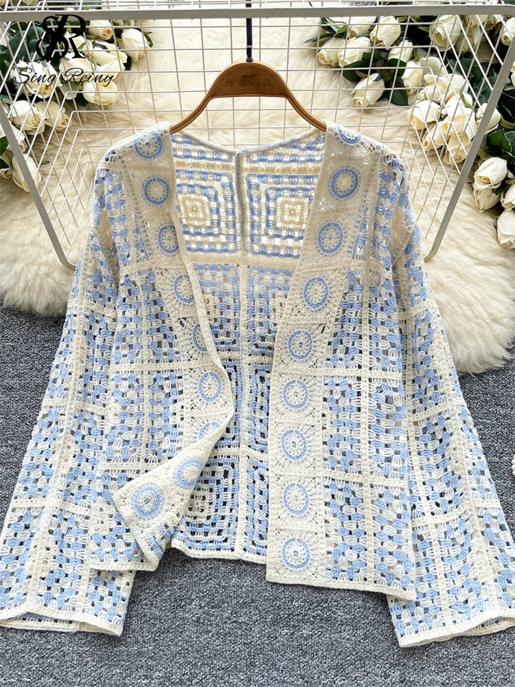 Vintage Boho Loose Plaid Cardigans Female Long Sleeves Hook Flower Hollow Tops 2025 Vacation Sunscreen Casual Shirt