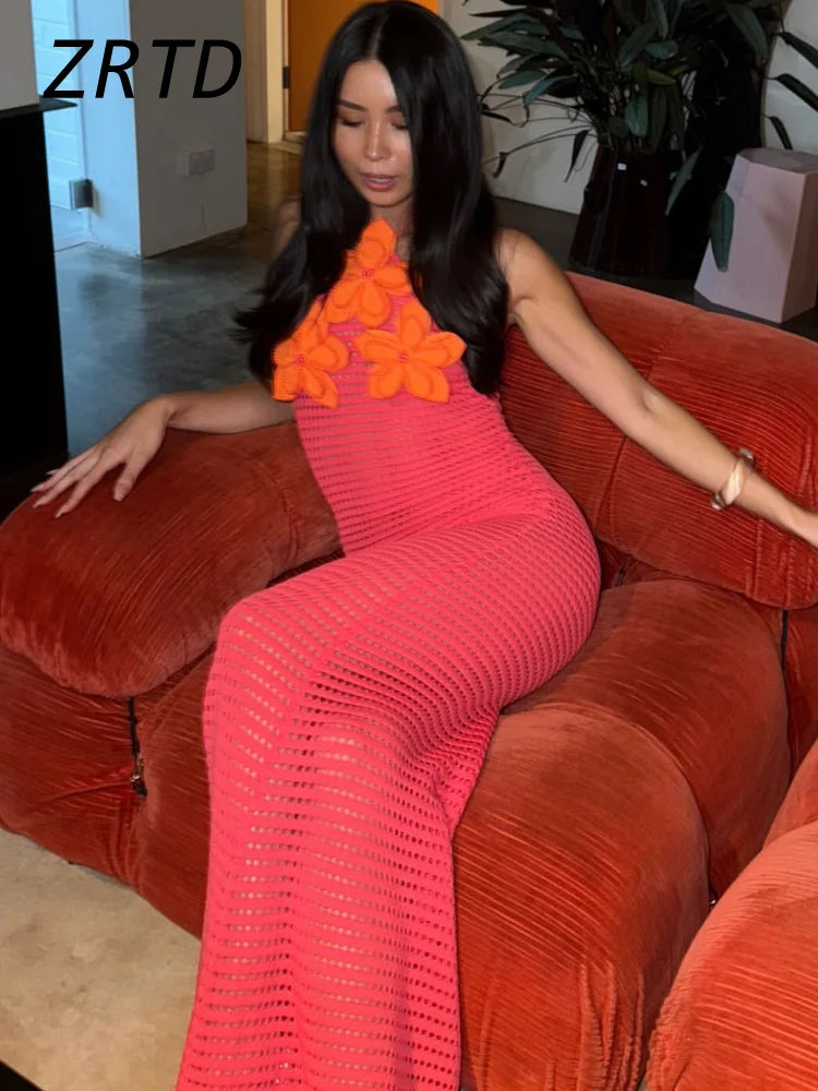 Sexy Crochet Hollow Out Long Halter Dress Women 3D Flower Backless Sleeveless Beach Dresses 2025 Summer Lady Vacation Robes New
