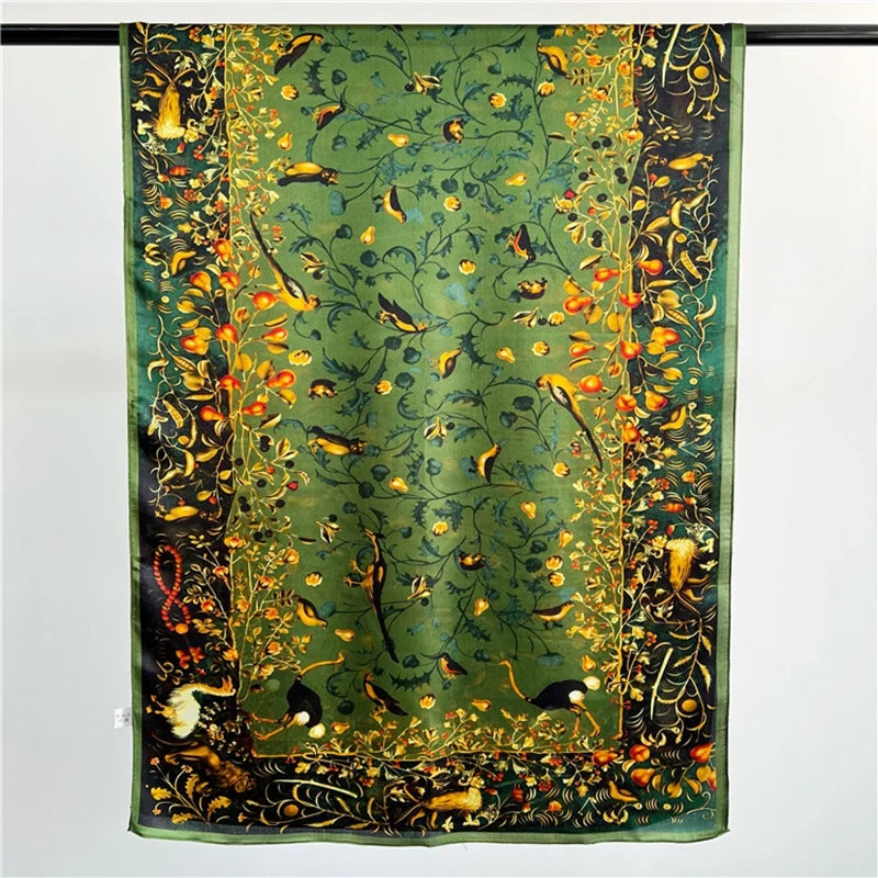 Green Peacock Feather Hijab Summer Beach Pareo Silk Scarf Women Luxury Bandana Soft Long Foulard Femme Designer Bufandas Mujer