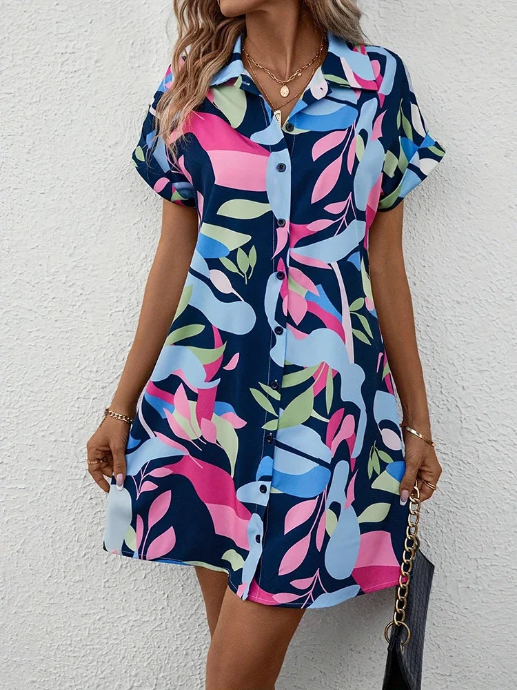 New Summer Everyday Casual Women's Short Sleeve Shirt Dress  Sweet Fashion Single-breasted Dress Floral Print Elegant Dress