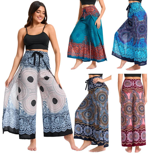 Women's Boho Palazzo Pants Wide Leg Yoga Wrap Tie Up Waistband Beach Cover Up Trousers Rayon Soft Breathable Loose Pants