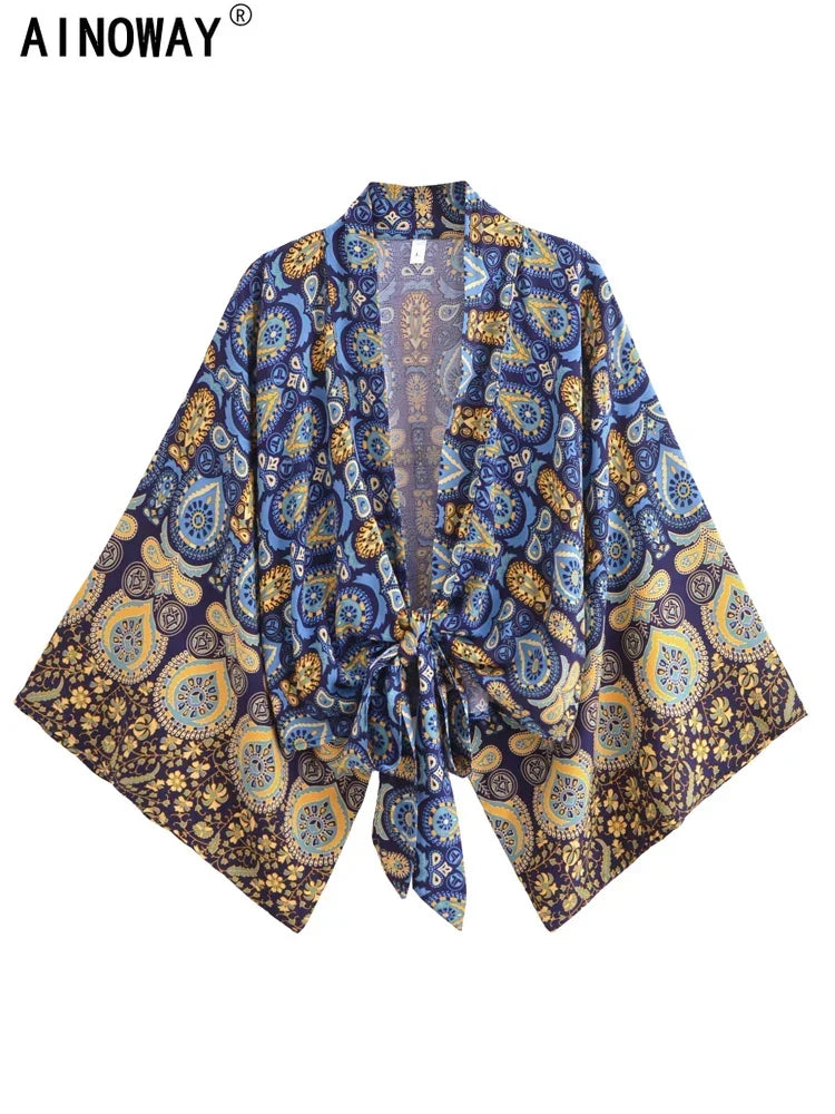 Vintage Boho Kimono Short Robe Women Fashion 2024 Floral Batwing Sleeves Rayon Bohemian Bikini Cover Up Beachwear