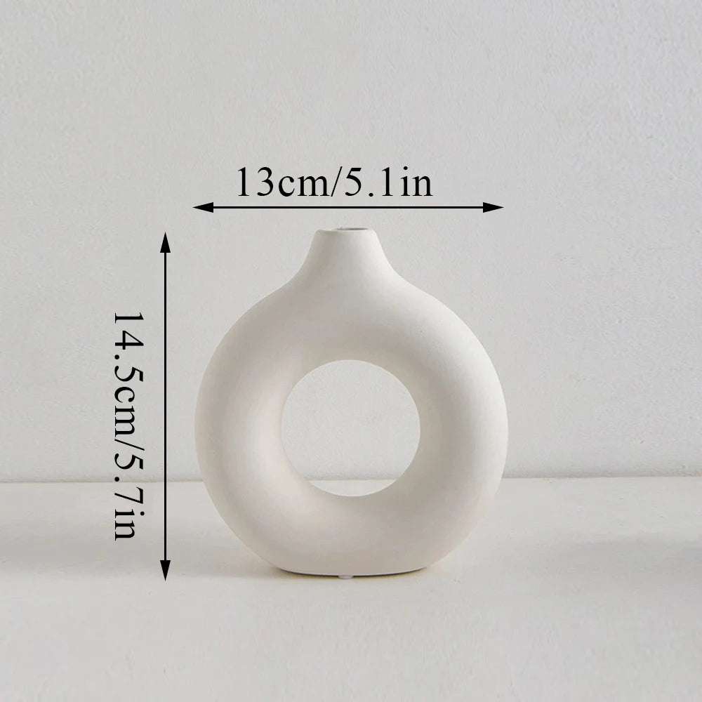 1pcs Black Nordic Ceramic Vase Circular Hollow Donuts Flower Pot Home Decoration Accessories Interior Office Desktop Decor Gift