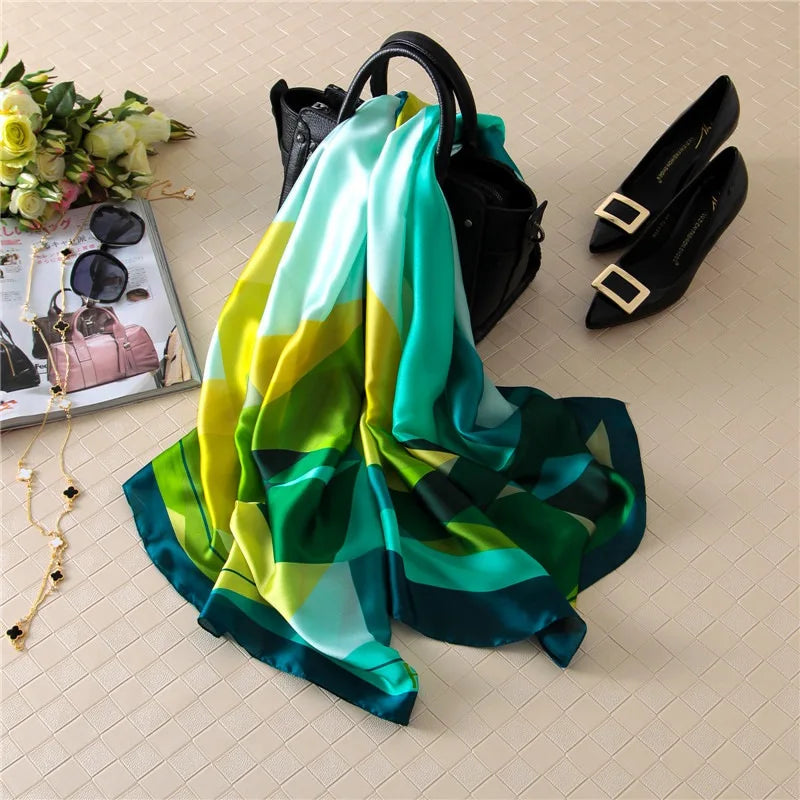Green Peacock Feather Hijab Summer Beach Pareo Silk Scarf Women Luxury Bandana Soft Long Foulard Femme Designer Bufandas Mujer