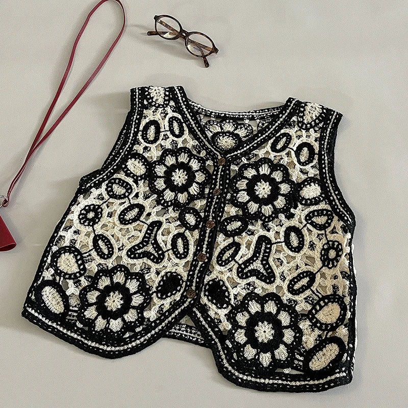 Women Floral Embroidered Crochet Vest Top Summer Beach Cover Up Cardigan Waistcoat Boho Chic Vacation Outfit
