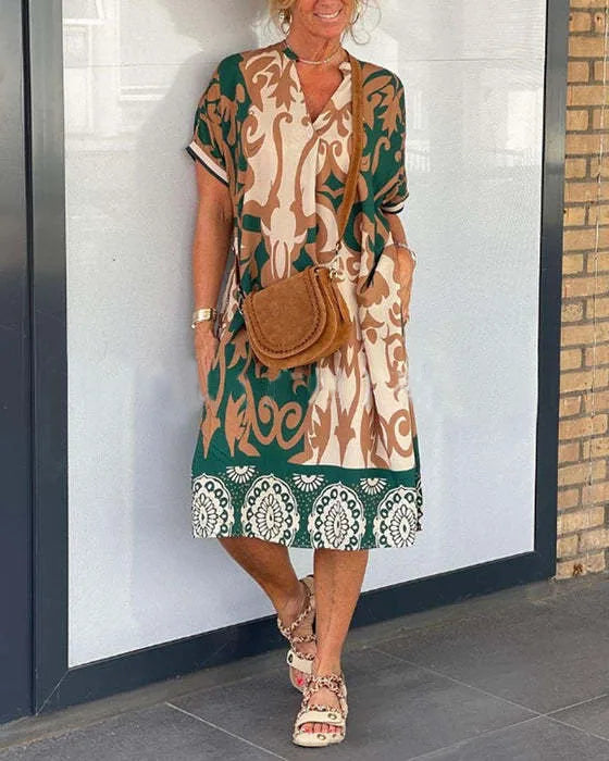 Women's Short-sleeve New V-neck Print Casual Dress Summer Fashion Elegant Office Party Holiday Women Clothes Dresses Robe Femme