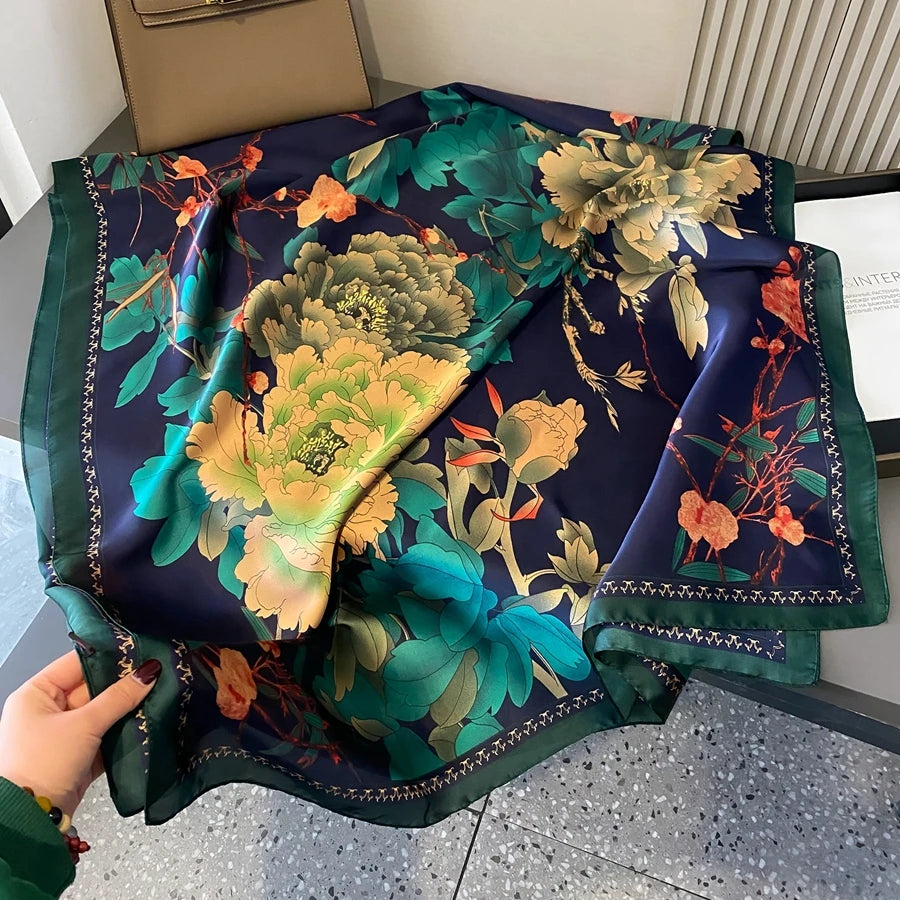 Green Peacock Feather Hijab Summer Beach Pareo Silk Scarf Women Luxury Bandana Soft Long Foulard Femme Designer Bufandas Mujer