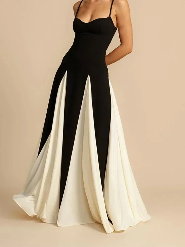 New Contrast Color A-line Women's Sling Dress Elegant Sleeveless Backless High Waist Long Robe Chic High Street Banquet Gowns